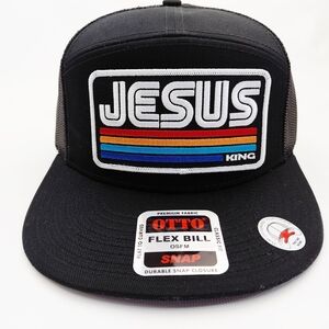 Jesus Patch 7 Panel Flat Bill Trucker Mesh Snapback Cap Black
